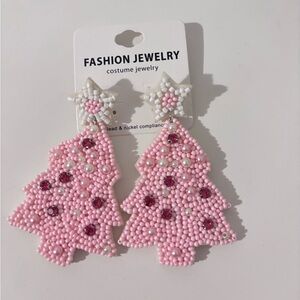 Pink Beaded Christmas Tree Earrings